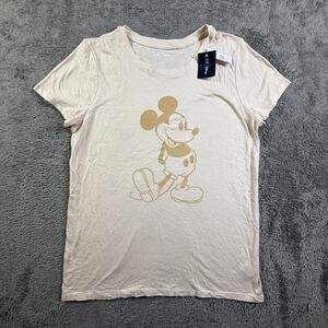 Gap x Disney Womens NEW Mickey Mouse Shirt L Beige Short Sleeve Crew Neck